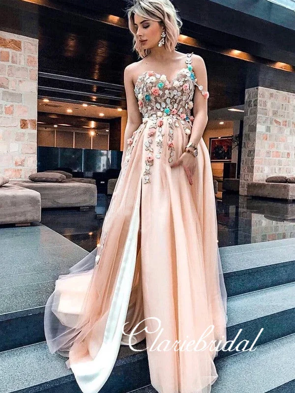 prom dress try-on ideasSweetheart Long A-line Lace Appliques Long Prom Dresses, Side Slit Prom Dresses