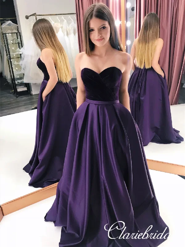 metallic prom dressesSweetheart Long A-line Purple Satin Prom Dresses, Velvet Top Prom Dresses, Long Prom Dresses