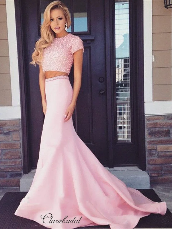 dark prom dressesTwo Pieces 2020 Newest Prom Dresses, Mermaid Pearls Prom Dresses Long