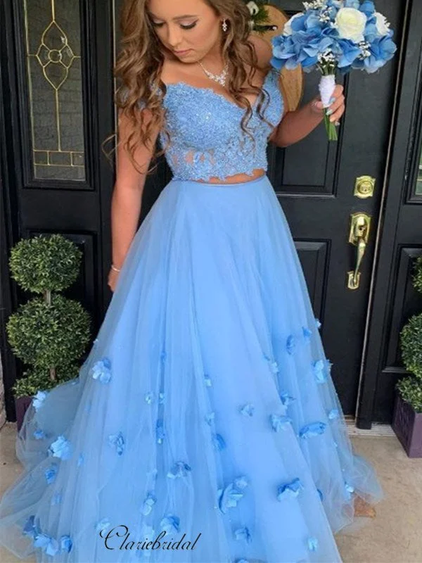 chiffon prom dressesTwo Pieces Lace Long Prom Dresses, Newest Appliques Prom Dresses, 2020 Prom Dresses