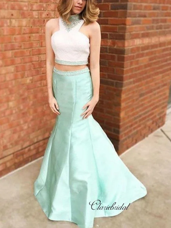 sequined prom dressesTwo Pieces Mermaid Long Prom Dresses, Sleeveless Beaded Prom Dresses