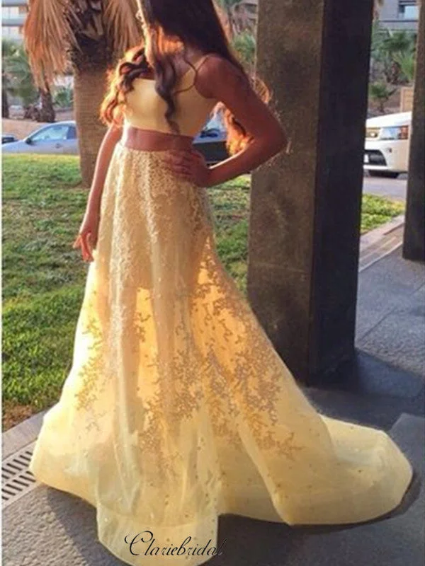 prom dresses with built-in petticoatsTwo Pieces Yellow Prom Dresses Long, A-line Lace Prom Dresses