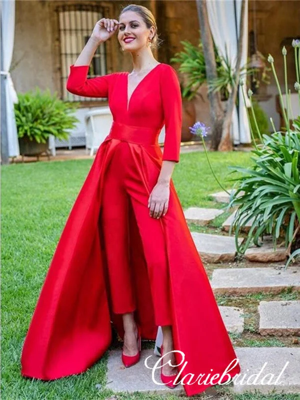 flowy prom dressesV-neck 3/4 Sleeves Red Satin Prom Dresses, Unique Long Prom Dresses, Chic Prom Dresses