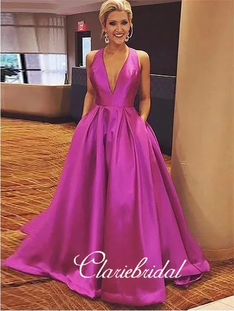 metallic prom dressesV-Neck A-line Satin Prom Dresses, Elegant Prom Dresses, Long Prom Dresses