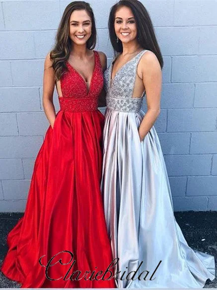 dark prom dressesV-neck Beaded A-line Satin Prom Dresses, Elegant Prom Dresses, Prom Dresses