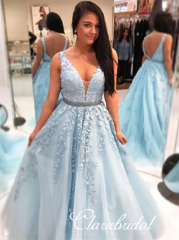 prom dresses for summerV-neck Blue Lace Beaded Prom Dresses, Affordable Prom Dresses, Popular 2020 Prom Dresses