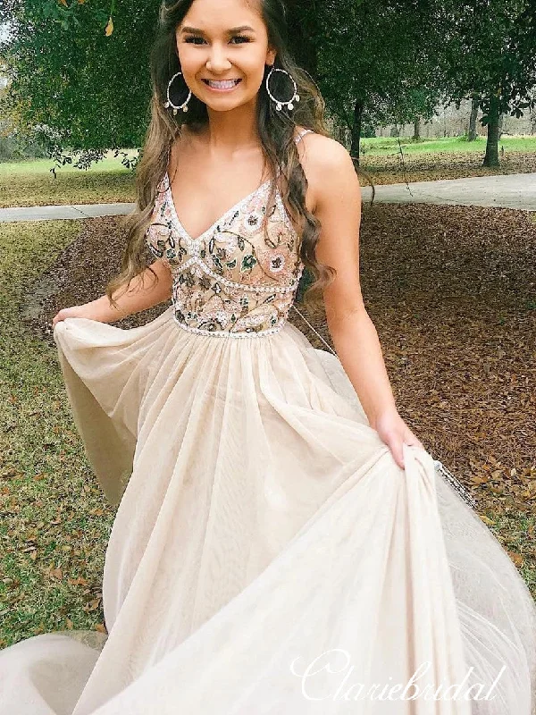 floral prom dressesV-neck Boho Beaded Lace LOng Prom Dresses, Long Prom Dresses, Popular Prom Dresses