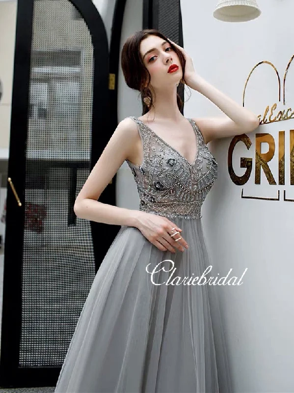 corset prom dressesV-neck Grey Tulle Beaded Prom Dresses, Long Prom Dresses, New 2020 Prom Dresses