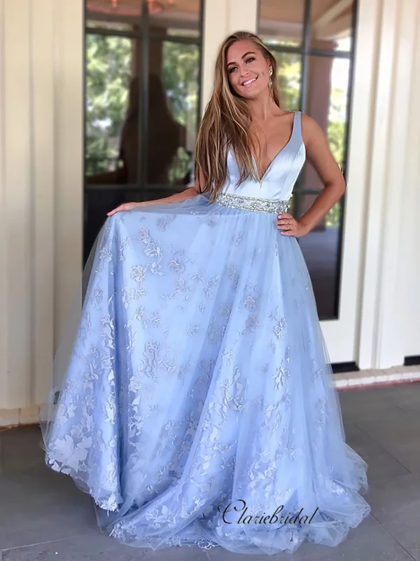 flowy prom dressesV-neck Lace Newest 2020 Prom Dresses, A-line Elegant Long Prom Dresses