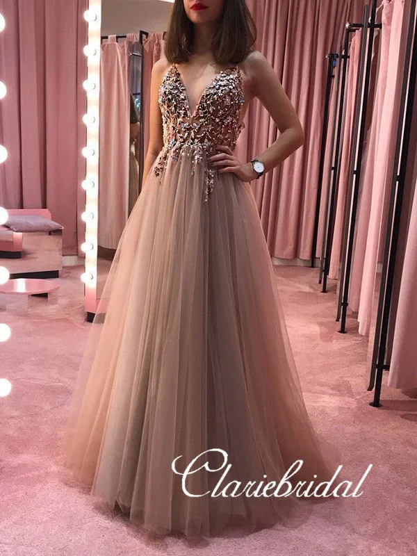 prom dress color trendsV-neck Long A-line Beaded Tulle Prom Dresses, Long Prom Dresses, New Prom Dresses