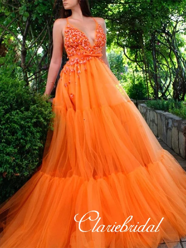 A-line prom dressesV-neck Long A-line Bright Orange Prom Dresses, Tulle Prom Dresses, Long Prom Dresses