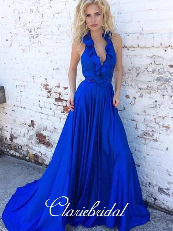 open-back prom dressesV-neck Long A-line Ruffled Royal Blue Prom Dresses, Elastic Satin Prom Dresses, Beaded Prom Dresses