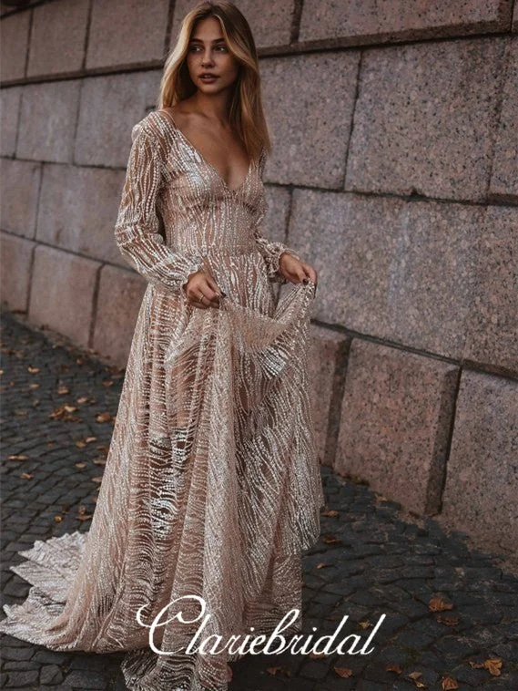 prom dresses for fallV-neck Long A-line Shiny Sequin Prom Dresses, Long Sleeves Prom Dresses, Shiny Prom Dresses