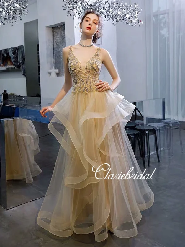 off-shoulder prom dressesV-neck Long A-line Tulle Rhinestone Prom Dresses, New Claire Design Prom Dresses, Long Prom Dresses