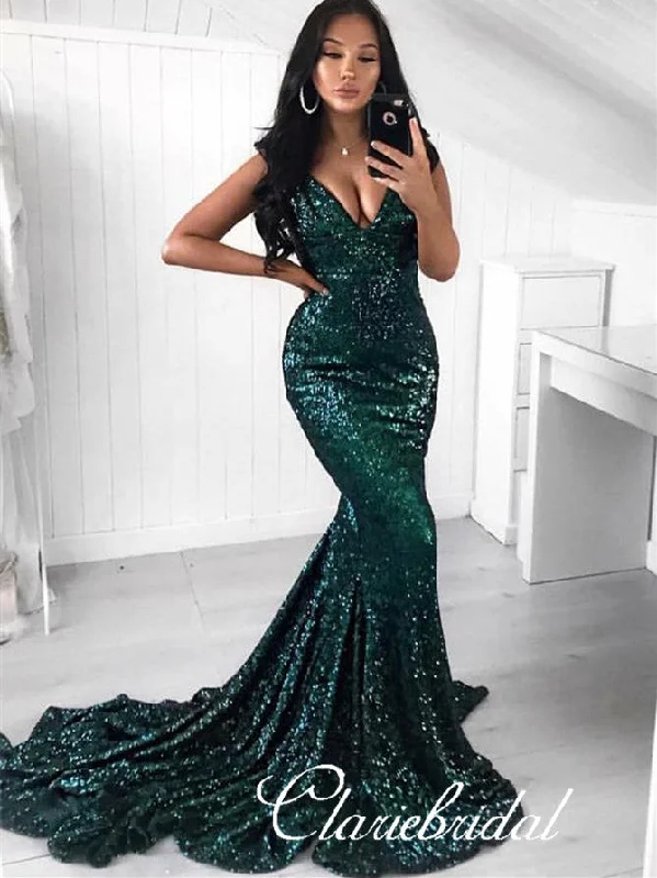 prom dress alterationsV-neck Long Mermaid Emerald Green Sequin Prom Dresses, Sexy Long Prom Dresses, Popular Prom Dresses