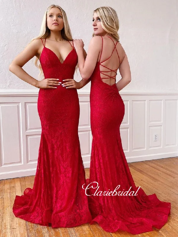 prom dresses for pear shapesV-neck Long Mermaid Red Lace Prom Dresses, Lace Up Prom Dresses, Affordable Prom Dresses