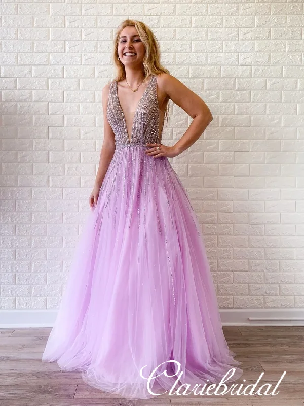 prom dresses with lace appliquésV-neck Long Prom Dresses, Purple Tulle Beaded Prom Dresses, Popular Prom Dresses