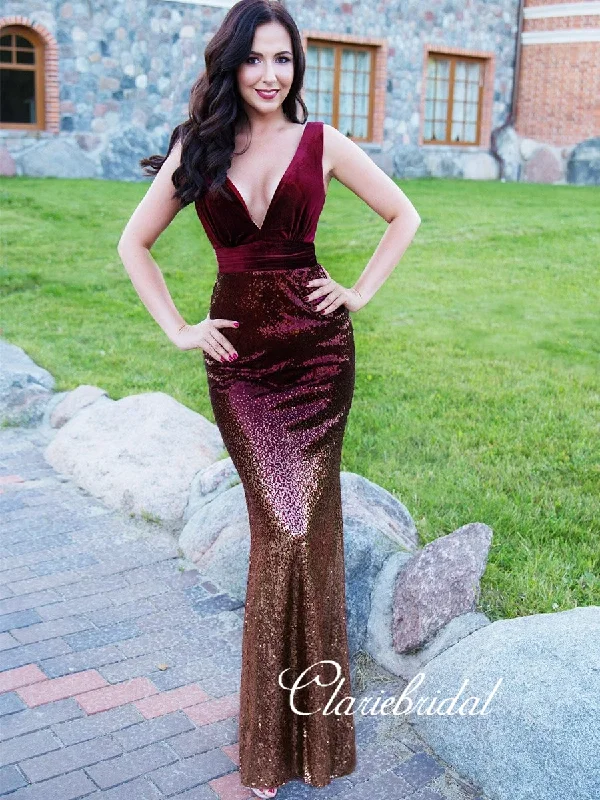 bodycon prom dressesV-neck Velvet Top Long Mermaid Gradient Sequin Prom Dresses, Newest Prom Dresses, Long Prom Dresses