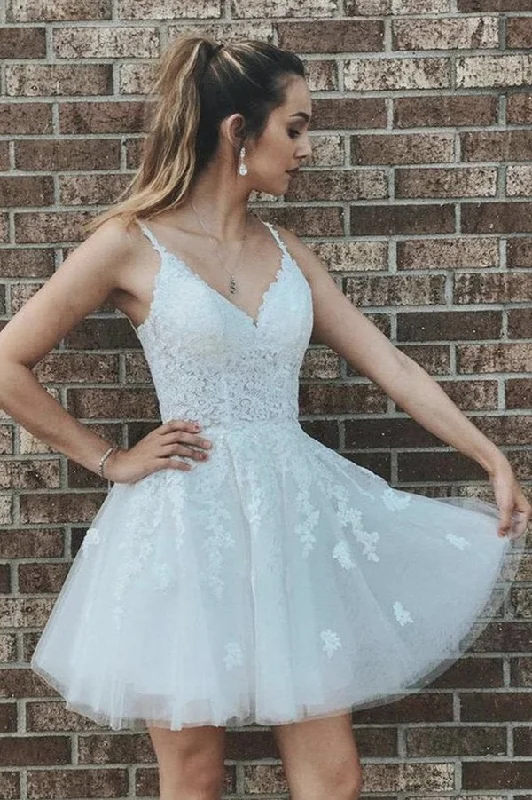 prom dress try-on ideasWhite Short Prom Dress Lace Graduation Dress A Line Damas Dress