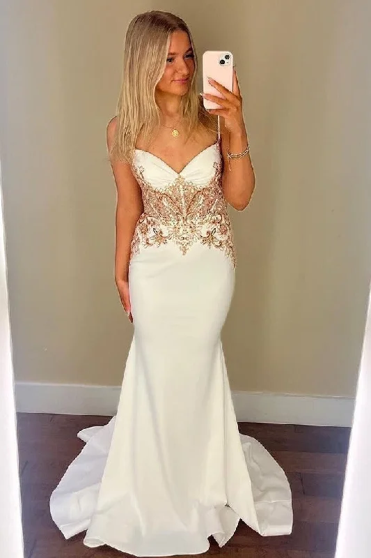 elegant prom dressesWhite Spaghetti Straps V-Neck Appliques Mermaid Formal Prom Dress