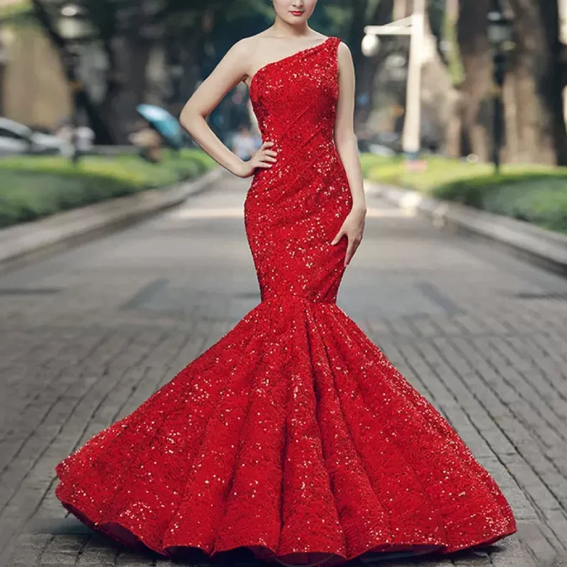 mid-length prom dressesWomen's Red Sequin Mermaid Prom Dresses with One Shoulder