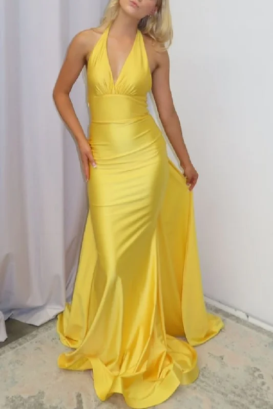 prom dresses for fallYellow Halter V-Neck Pleated Satin Mermaid Long Prom Formal Dress