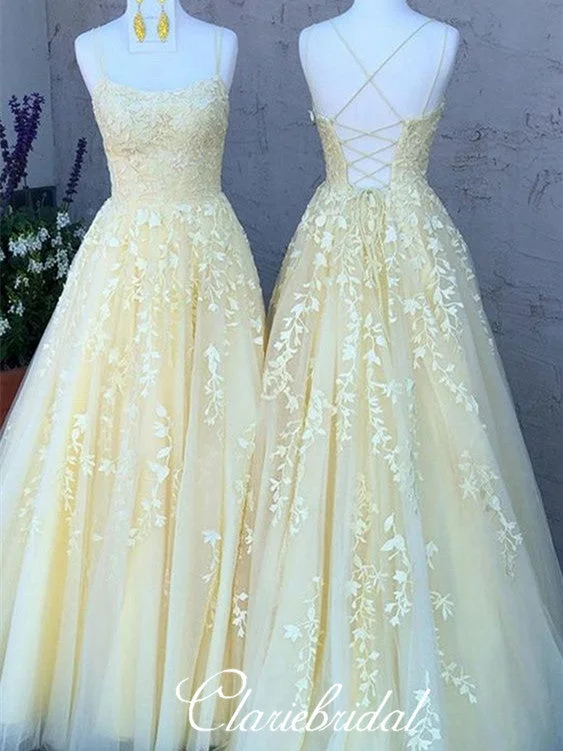 long prom dressesYellow Lace Tulle Long Prom Dresses, Lace UP Prom Dresses, Popular 2020 Prom Dresses, Long Prom Dresses