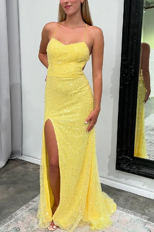 prom dresses for springYellow Spaghetti Straps Mermaid Sequins Beading Long Prom Dress with Slit