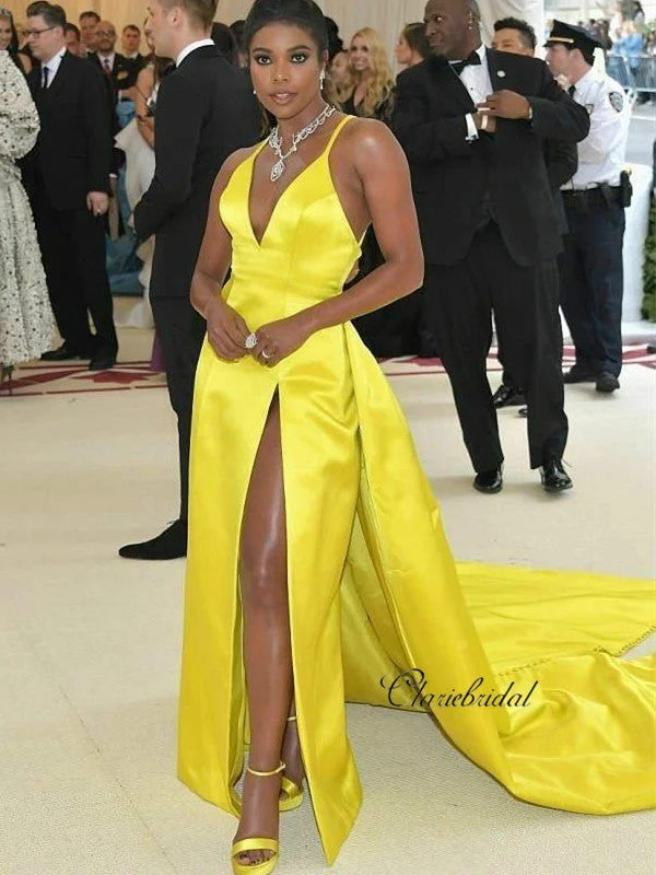 short prom dressesYellow Unique Celebrity Prom Dress, Popular Satin Prom Dresses, V-neck Prom Dresses